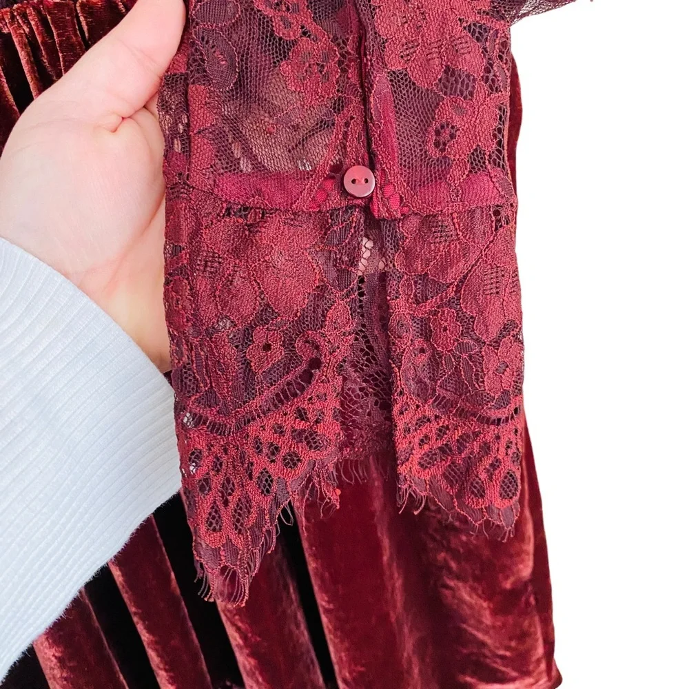 Free People NWT Marlie Lace Mini‎ Velvet Sheer Garnet Smocked Bell Sleeve Dress - Picture 8 of 13
